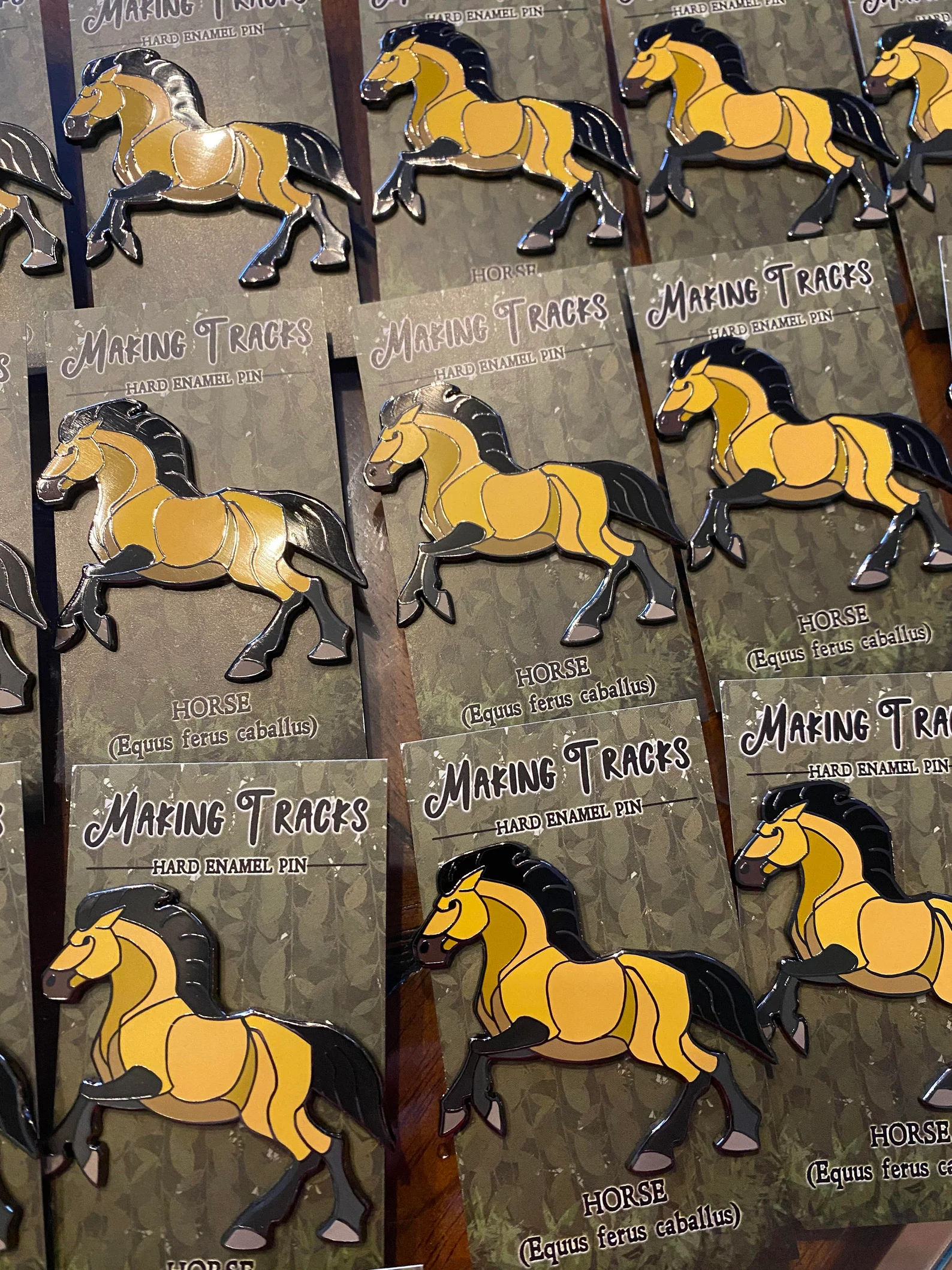 Multiple Buckskin horse pin on artistic backer card