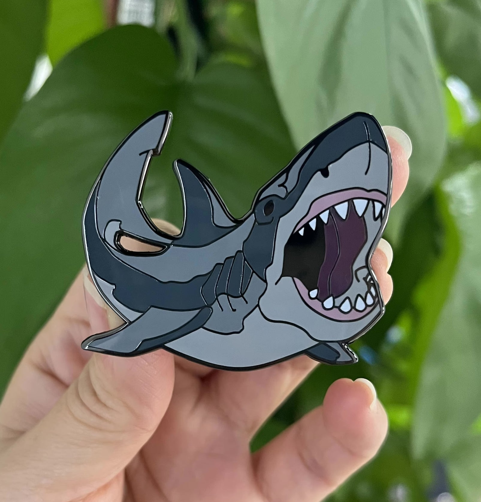 Great White Shark pin held in hand